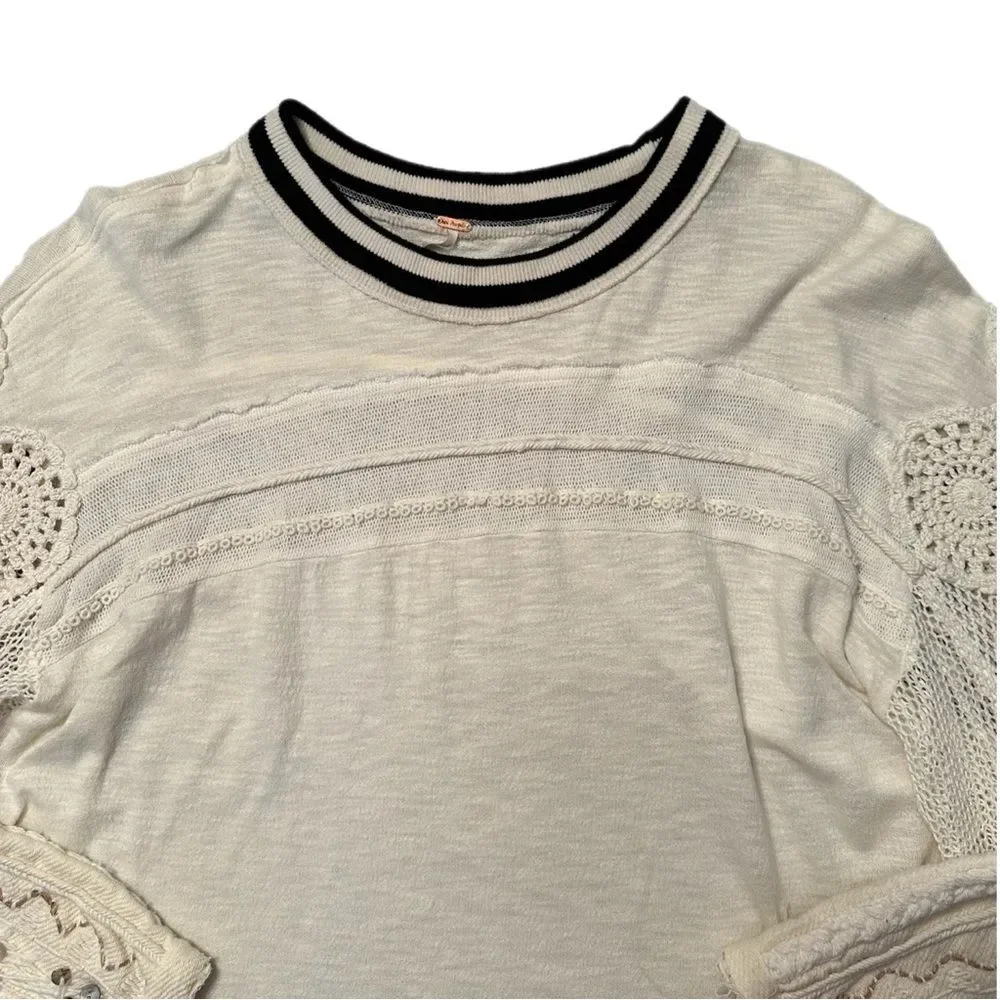 Free People Marrakech Long Sleeve Crochet Embellished Boho Ivory Top Size S